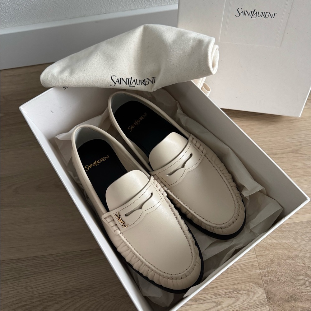 Saint Laurent Cream Leather Penny Loafers - Women's Flats